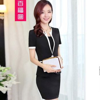 百福图2015实拍夏季新款女装短袖小西装OL职业套装美容院工作服三件套 粉红色 M