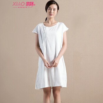 XIAO萌妹2015夏季新款复古盘扣棉麻半袖连衣裙女潮8839 白色 L