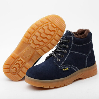 防砸防刺穿劳保棉鞋男钢包头工作鞋牛筋底秋冬季高帮真皮电焊鞋子 蓝