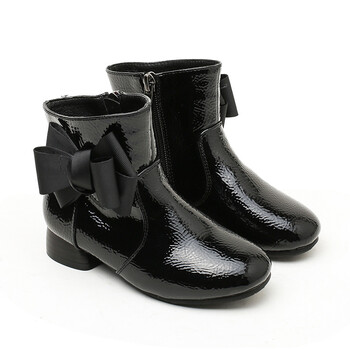 靴子2017冬季儿童短靴亮皮蝴蝶结公主鞋中大童高跟中筒靴皮靴 黑色 26
