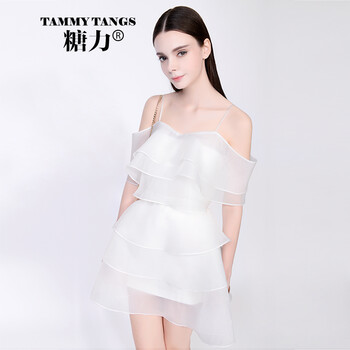 TAMMYTANGS糖力2015夏季白色轻薄雪纺度假风吊带露肩连衣裙套装 Crystal白 M