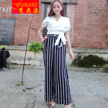 梵奥姿2015低胸公主袖短款绑腰上衣+竖条9分裤高腰阔腿裤 图片色 均码