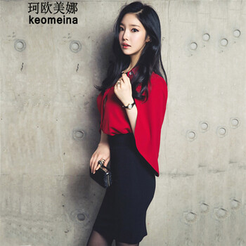 珂欧美娜2016新品女装夏时尚斗篷上衣修身包臀半身裙显瘦两件套装裙连衣裙 红色 M