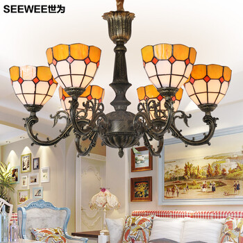 世为SEEWEE 蒂凡尼吊灯 田园地中海吊灯 创意客厅灯具欧式卧室灯餐厅灯饰 蓝色3头款