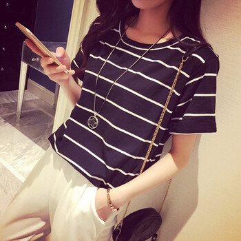 久素2015夏季新款韩版经典百搭宽松条纹显瘦休闲短袖T恤女ZJ09-8391 白色 均码/适合130斤以下