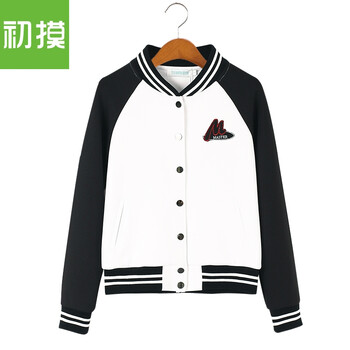 初摸 2016春秋新款女装韩版修身棒球服卫衣女外套 拼接开衫休闲短外套薄款棒球衫女622 白色 165 M