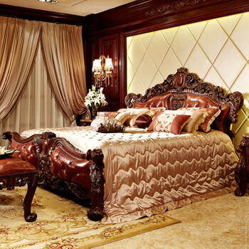 雅韵传奇花梨木大床 别墅家具 欧式红木大床 头层真皮实木床 深红色