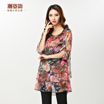 潮姿韵2015春夏大码新品女装 气质显瘦印花轻薄雪纺宽松连衣裙子 玫瑰红色 XL
