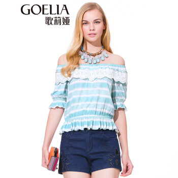 歌莉娅GOELIA2015夏装新花边短版宽松型上衣 155E0C01A X49绿白间条 M