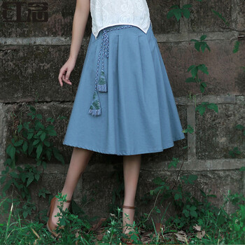 红念纯棉中长裙2015夏装新款女装文艺绣花半身裙 蓝色 均码