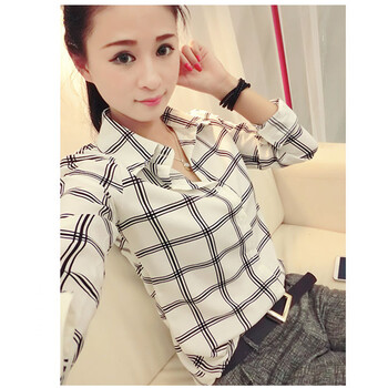叶惠美 2015春夏新款韩版时尚大方格子翻领长袖雪纺衬衫女士职业装衬衣（白色） 图色 均码