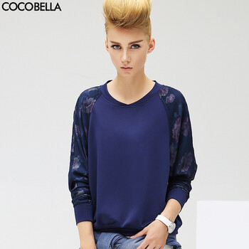 COCOBELLA 2016春装新品时尚休闲运动透视印花短款薄长袖卫衣T恤女TE175 藏蓝 XL