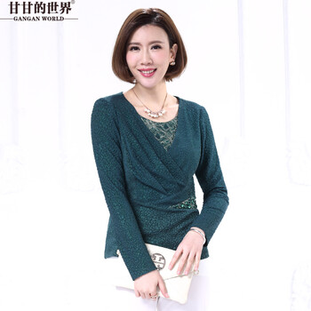 甘甘世界中年T恤女长袖高端女装2015秋装新款修身显瘦圆领打底衫 绿色 XXXXL