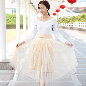 优资杉2015春夏装新款韩版女装百搭长裙子纱网半身裙 杏色 均码