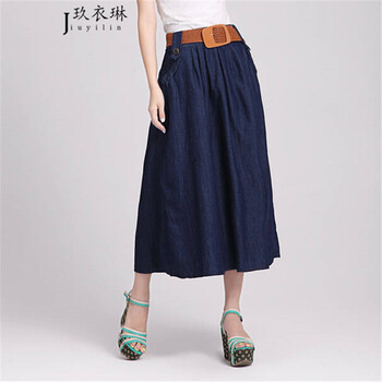 玖衣琳 2015春秋修身牛仔半身裙棉麻女装半身长裙夏半裙大摆A字百褶裙子 送腰带 牛仔蓝色 均码