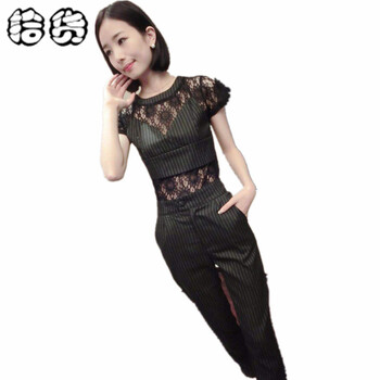 拾货2016夏款欧美风性感蕾丝镂空钩花拼接条纹上衣修身显瘦直筒裤两件套复古职场OL风套装 军绿色 L