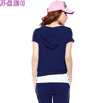 苏盈珈可休闲套装女夏装时尚简约字母图案卫衣两件套2016新款女士大码短袖修身运动服套装 3746#黑色 S