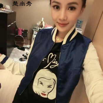楚尚秀新款女装kiko头像刺绣棒球服夹克短外套7052 蓝色米袖 M