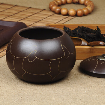 
                                        谱茗-宜兴紫砂茶具 紫砂茶叶罐 普洱罐大号 一斤装 普洱醒茶罐 花纹西施 黑泥                
