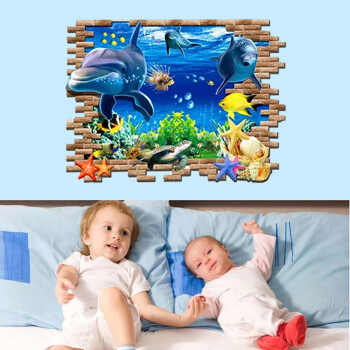 亮点 3D墙纸立体墙贴纸墙壁创意装饰沙发电视背景墙卧室贴画海豚长颈鹿大象篮球汽车桥贴画 01. 3D海豚