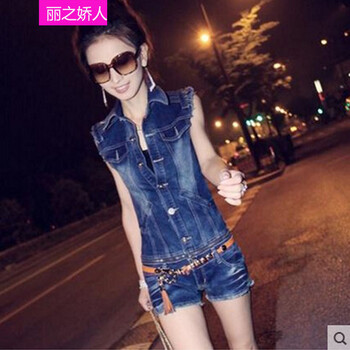 
                                        杨婷婷2017春夏牛仔短裤休闲修身显瘦 连体裤 牛仔连体裤 休闲套装 牛仔连体裤 S                