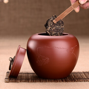 宏中 原矿宜兴紫砂茶叶罐 全手工普洱罐茶缸粗陶密封醒茶存茶罐 手工黄金朱泥-苹果型刻画随机