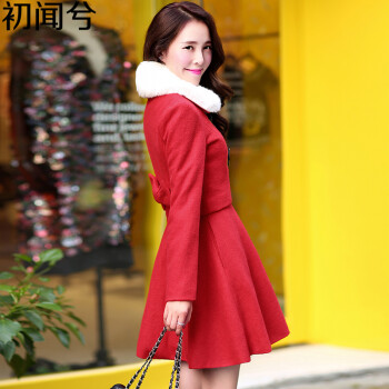 初闻兮 呢大衣 女2015冬新款两件套毛呢大衣女长款新娘结婚回门礼服装 呢子大衣外套 红色 L