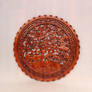 艺品印象 实木雕刻圆形挂件 东阳木雕壁挂 家居挂件中式仿古壁挂58cm