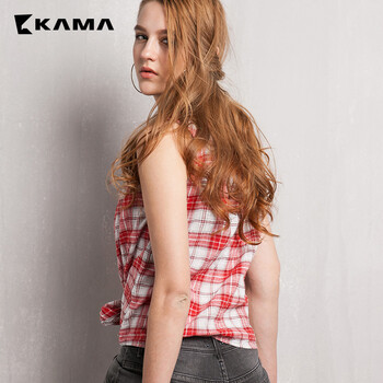 卡玛KAMA 秋季新款女装 修身无袖纯色格子休闲衬衫女7215850 红色 M(160/84A)