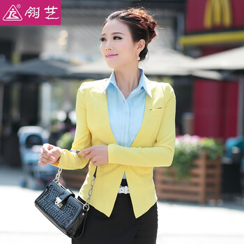 翎艺小西服女韩版休闲职业小西装外套 黄色 XL