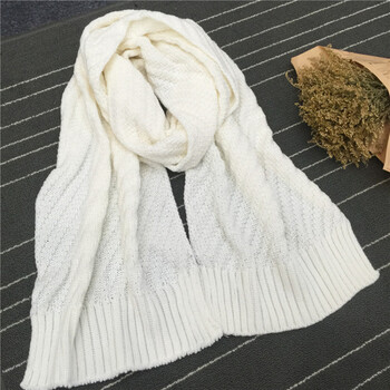 立体斜条纹毛线围脖韩版纯色加大加厚针织保暖围巾女 白色