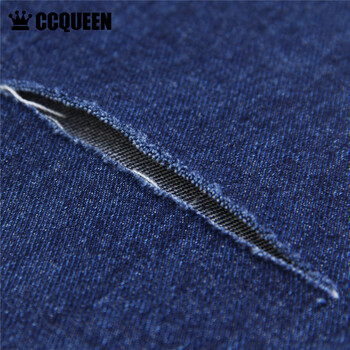 Ccqueen 秋装新款个性街头休闲字母印花图案破洞性感小脚牛仔裤 牛仔深蓝 M