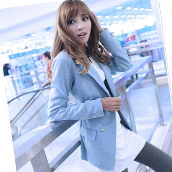 影菲 春秋装韩版立体修身显瘦小西装双排扣外套西服 天蓝色 XL
