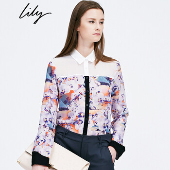 Lily 秋装新款女装修身优雅印花长袖雪纺衬衫114330H4307 浅玫红-13色 150/78A/XS