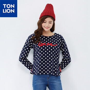 唐狮（TonLion）女宽松版简约圆点印花文字T恤 藏青 L