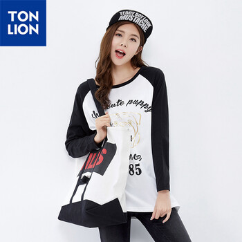 唐狮（TonLion）2015秋 女前胸印花拼接长款T恤 615321023405 黑色 S