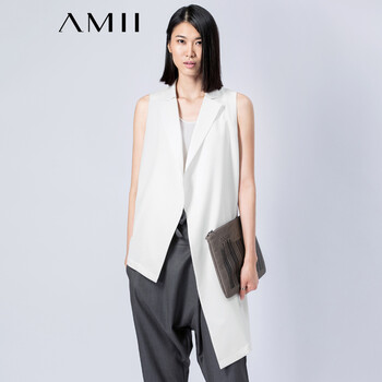 Amii【极简主义】夏款女西装翻领无袖无扣不对称长短摆大码马夹11590761 米白 L