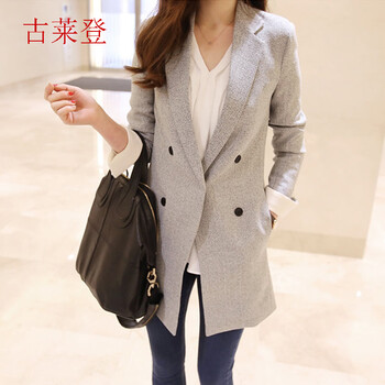 古莱登2015秋冬新款女装韩版修身显瘦小西装时尚休闲西服外套 灰色 L