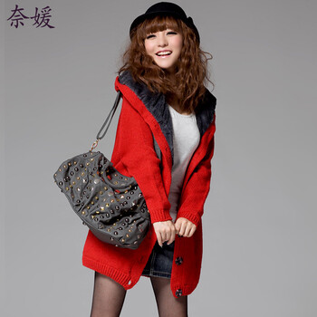奈媛2015韩版女装加绒加厚毛线大衣女款大码长款开衫宽松外套冬女 红色 均码