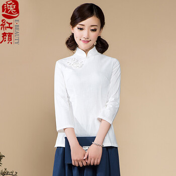 
                                        【逸红颜】兰花香 2017春秋新款 长袖时尚复古改良 棉麻旗袍上衣 白色 S                