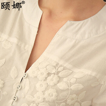 颐娜2015夏装新款韩版欧根纱刺绣花朵衬衣女 中长款纯色女衬衫潮K2057 白色 M