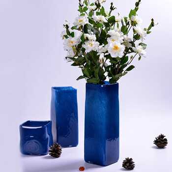 台面干花玻璃花瓶 方形插花花器地中海深蓝色摆件 简欧客厅装饰品ld