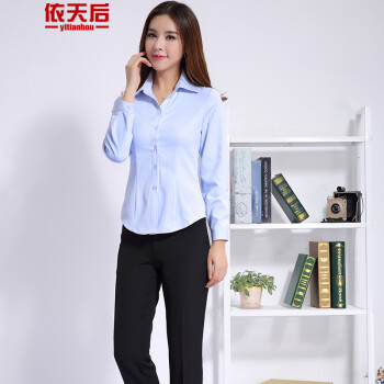 依天后2015秋冬厚款西装裤子大码直筒西裤商务ol正装裤休闲裤长裤中腰职业女衬衫套装工作服 蓝色衬衣+黑色西裤 L