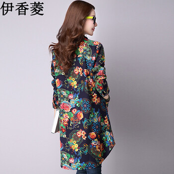 伊香菱2016秋装新款女装中长款棉麻衬衣外套印花长袖衬衫 Y8198 图片色 M