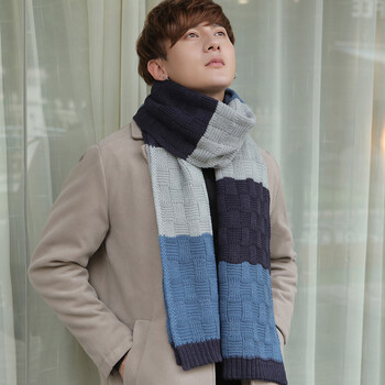 男围巾冬款 版学生加厚保暖百搭长款针织毛线围巾围脖 蓝色