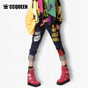 Ccqueen 秋装新款个性街头休闲字母印花图案破洞性感小脚牛仔裤 牛仔深蓝 M