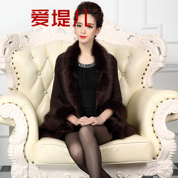爱堤儿    2015秋冬新款气质披肩外套毛领斗篷型女披风开衫加厚KK 玫红色 均码