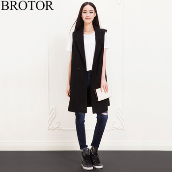 
                                        BROTOR马甲女2017春秋新款无袖马夹小西装中长款马甲女春外套Q6802 黑色 XL                