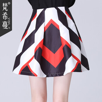 梵希蔓2015秋季新品撞色印花百褶半身裙女 时尚百搭蓬蓬短裙子  65773 花色 L