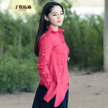 子牧棉麻 2016春夏新款宽松不规则长袖衬衫女民族风翻领衬衣85123 红色 均码